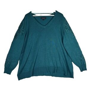 Lane Bryant Sweater Womens Plus 22/24 Emerald Green Embroidered‎ V Neck
